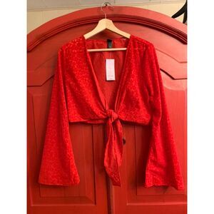 NWT Wild Fable Small Burn Out Velveteen Red Floral Shrug Tie Front Flare Sleeves